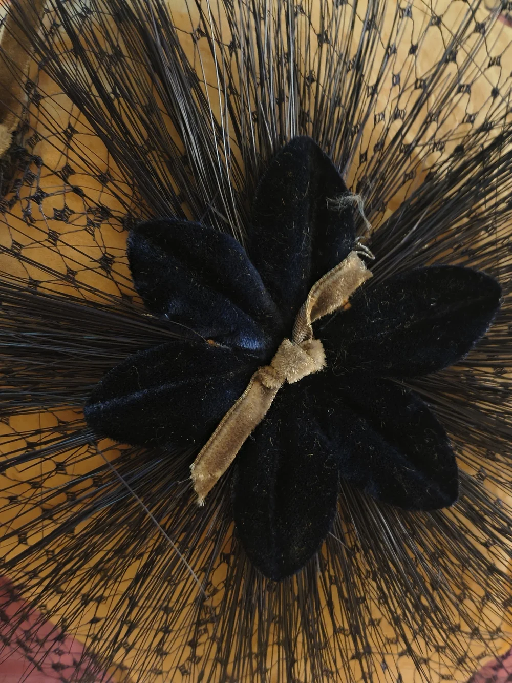 Vintage 1967 Marshall Black Velvet Flower Veiled Fascinator Hat